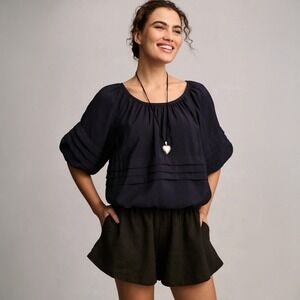 Maeve Anthropologie Short-Sleeve Bubble Tiered Top Navy Blue‎ Women's Size Small
